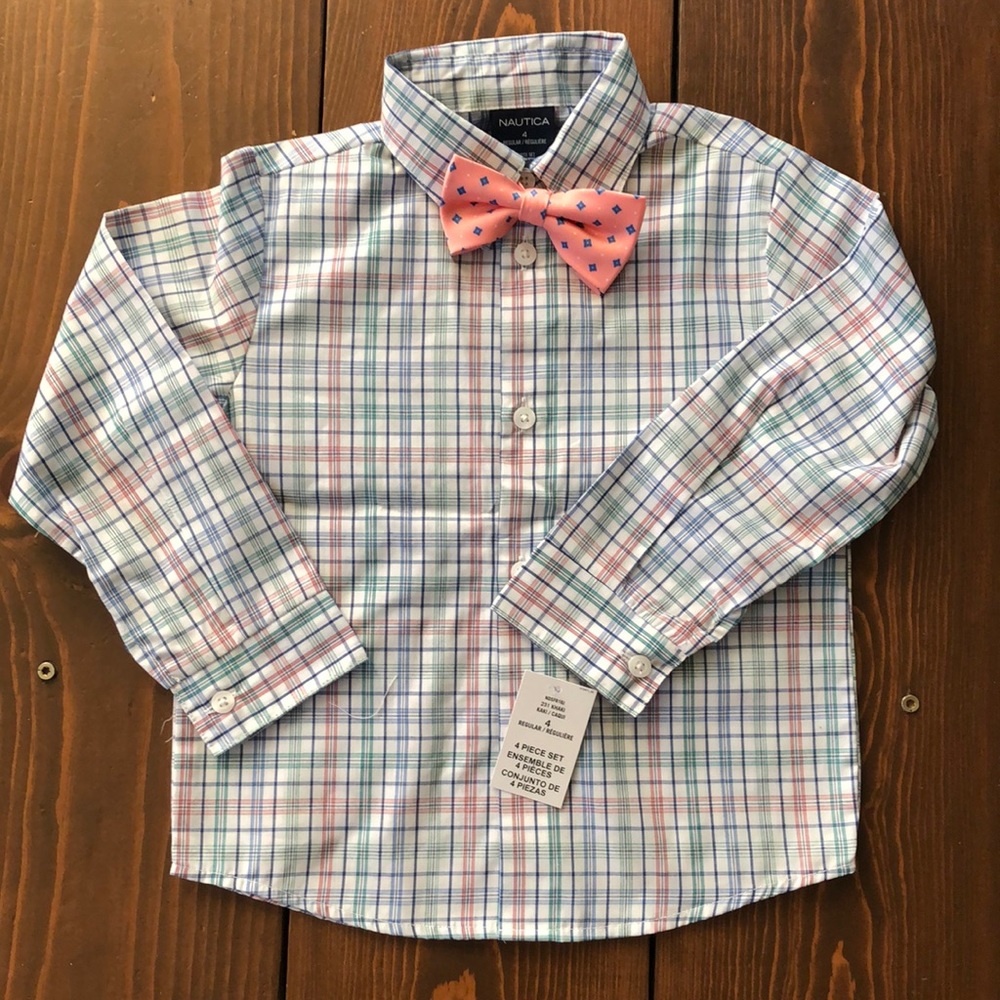 4T Nautica NWT Button up Dress Shirt With Pink Bow Tie Set